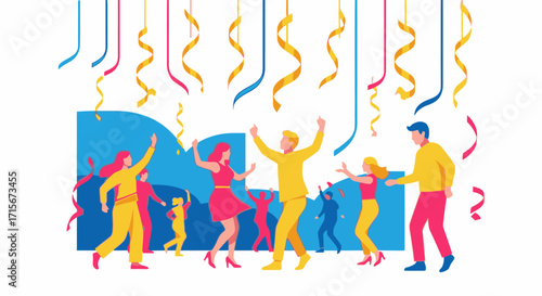 Dynamic Celebration Scene with Dancing People, Streamers, Colorful Ribbons, and Festive Atmosphere for Events, Parties, and Entertainment Promotions