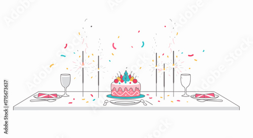 Festive Birthday Celebration Table Setting with Pink Cake and Confetti, Featuring Elegant Glassware and Party Supplies for Special Occasion Events and Joyful Gatherings
