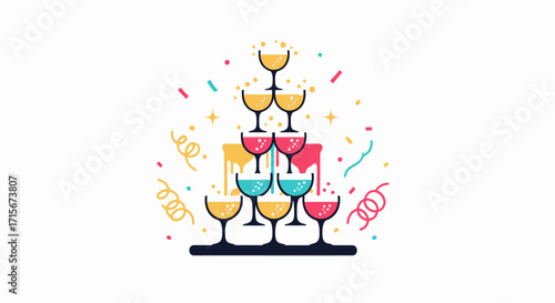 Festive Celebration with Champagne Glass Pyramid and Colorful Confetti for Party Atmosphere, Holiday Event, Anniversary, Celebration, Joyful Gathering, and Special Occasion