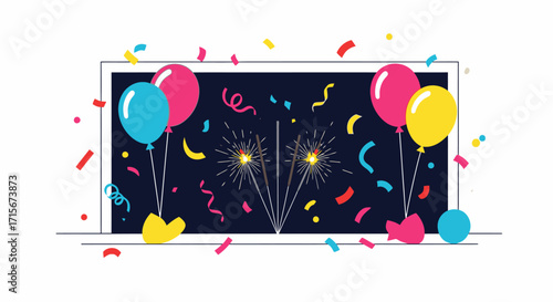 Festive Celebration with Colorful Balloons, Bright Fireworks, and Confetti for Party, Holiday, and Special Event Background Illustration, Vibrant and Joyful Atmosphere