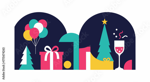 Festive Christmas Celebration Scene with Decorated Trees, Gift Boxes, Balloons, and Party Drink in a Modern Flat Design, Perfect for Holiday Marketing, Seasonal Greetings, and Festive Event Promotions