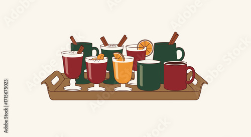Festive Coffee and Drink Assortment with Hot Beverages, Juices, and Snacks on Serving Tray for Holiday Gathering or Celebration, Warm Beverage Service Illustration