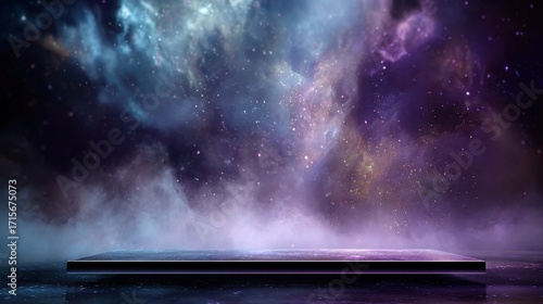 Empty stage or platform against a vibrant cosmic nebula background