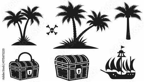 Pirate adventure awaits with treasure chests, palm trees, and sailing ship on tropical island