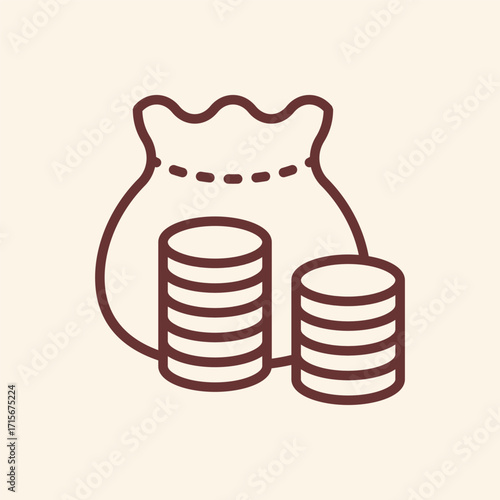 Illustrative money bag icon with stacked coins symbolizes wealth, savings, and financial success in a clean, modern design.