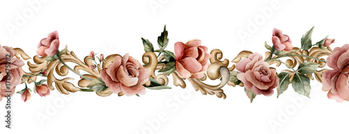 Roses golden decorative ornaments seamless border. Dusty pink garden flowers. Watercolor floral isolated illustration