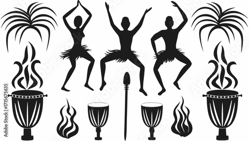 African tribal dancers celebrating with drums and palm trees, a vibrant cultural performance