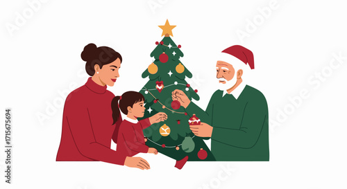 Happy Family Celebrating Christmas with a Decorated Tree, Santa Claus Giving Gifts to Children, Holiday Cheer, Festive Season, Family Bonds, Santa Hat, Winter Celebration, Joyful Christmas Gathering,