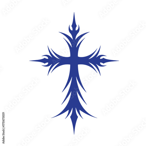 Elegant decorative blue cross silhouette design on white background religious symbol