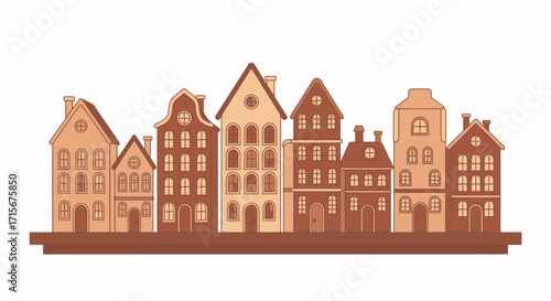 Stylish Urban Row of Classic European-Style Townhouses with Unique Architectural Details and Varied Rooflines, Modern and Historic Elements in a Vibrant City Neighborhood Scene for Real Estate,