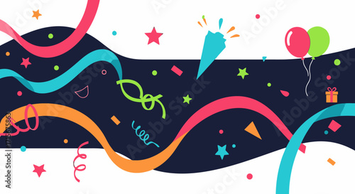 Vibrant Celebration Banner with Confetti Balloons Streamers and Party Elements for Festive Events and Joyful Occasions in Bright Colorful Style
