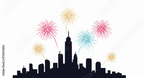 Vibrant City Skyline Silhouette with Colorful Fireworks Display Over Skyscrapers in Celebration of Urban Festivities, New Year Party, and City Events, Perfect for Marketing and Event Promotions