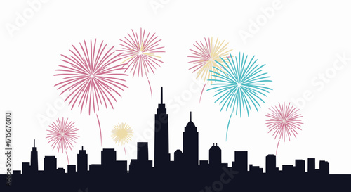 Vibrant City Skyline Sunset Celebration with Colorful Fireworks Display Over Urban Landscape for Festive Event, New Year’s Eve, Special Occasion, and City Life Promotion