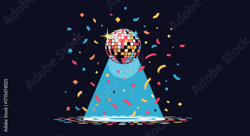 Vibrant Disco Ball with Dynamic Spotlight and Colorful Confetti Celebrating Party Atmosphere for Nightclub Events, Music Festivals, and Entertainment Promotions