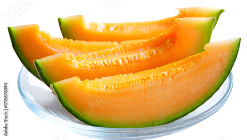 Freshly sliced cantaloupe melon pieces in a bowl isolated on transparent background