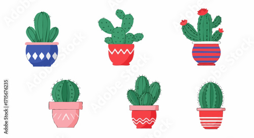 Charming cactus collection in colorful pots, perfect for bringing life to any design project or creative endeavor