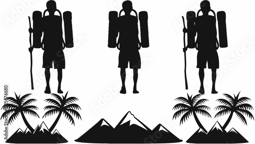 Explore tropical mountain trails with dynamic hiker silhouette illustration