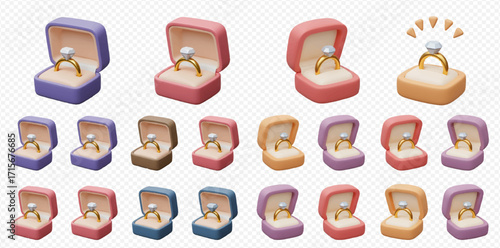 Collection of cartoon engagement rings with diamonds in colorful velvet boxes, one ring glowing.