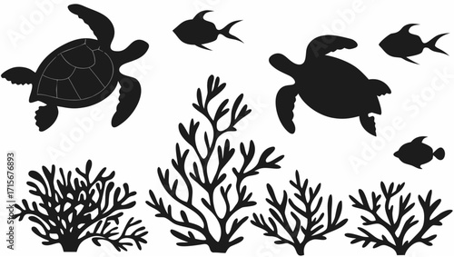 Elegant silhouettes of sea turtles, fish, and coral reefs create a modern ocean vibe design