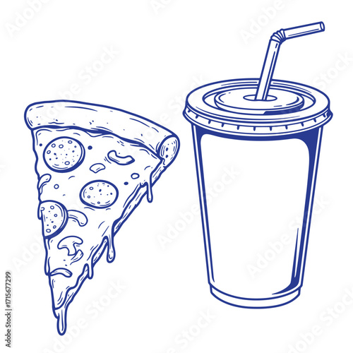 Hand drawn illustration of pepperoni pizza slice and soda cup perfect for fast food designs