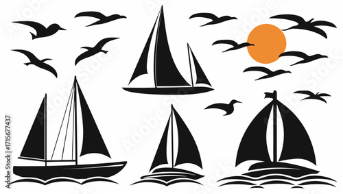 Serene seascape featuring sailboats and seagulls against a sunset sky, evoking peaceful vacation vibes