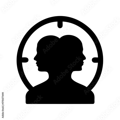 Two opposing faces in silhouette within a circle, symbolizing duality of man