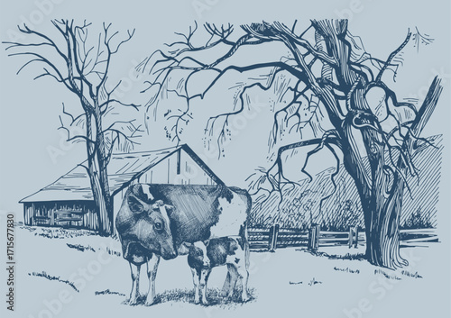 Panorama of countryside landscape with cow and calf. Pen sketch converted to vector drawing
