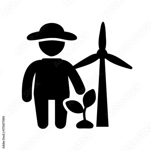 A farmer with a sprout and a windmill suggesting green energy development