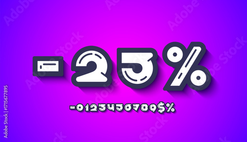 3D numbers, Discount 25% percent rounded numerals, vector illustration 10EPS
