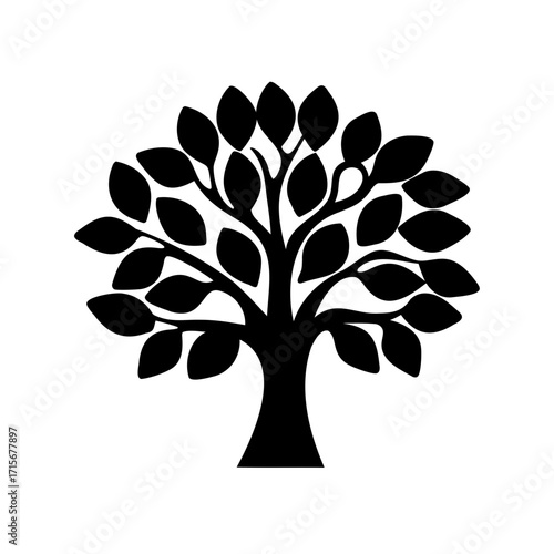 A stylized tree silhouette with lush foliage and a stout trunk design