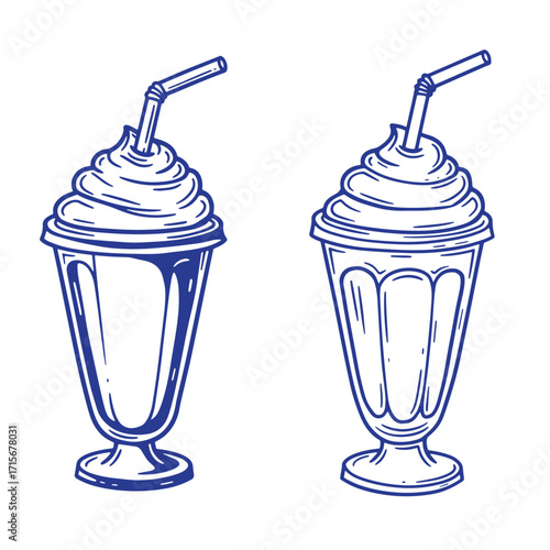 Hand drawn vector illustration of two creamy milkshakes with whipped cream and straws