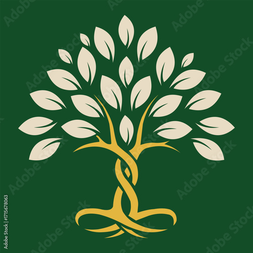 Logo design vector art of stylized golden tree of life with swirling trunk and green background