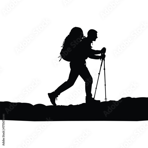 Vector art of a silhouette of a hiker with a backpack and trekking poles walking on a rocky terrain