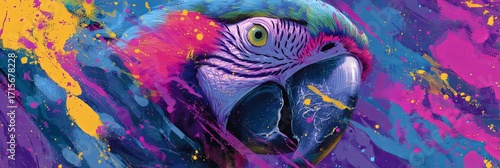 Vibrant parrot illustration with colorful splashes and bold brush strokes.