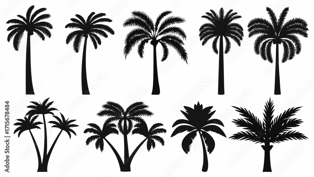 Fototapeta premium Diverse palm tree silhouettes create a tropical vibe, perfect for summer designs and vacation promotions