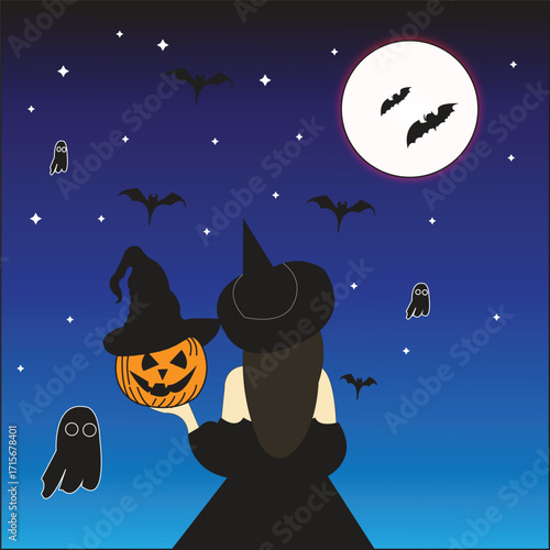 “Halloween Witch Holding Pumpkin Lantern under Full Moon – Spooky Illustration”