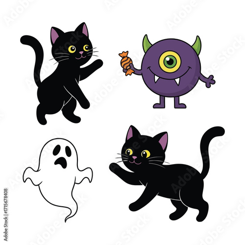 Cute Halloween Characters Black Cats Ghost Monster