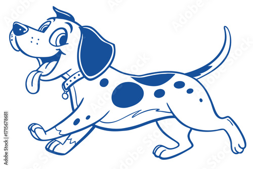 Blue Animated Cartoon Dog with Spots Running on a White Background, Cheerful Puppy