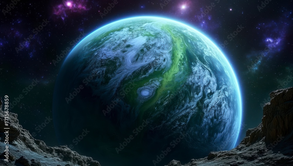 Obraz premium A breathtaking view of a vibrant, green exoplanet with swirling clouds, set against a backdrop of distant galaxies and rocky terrain, evoking a sense of wonder
