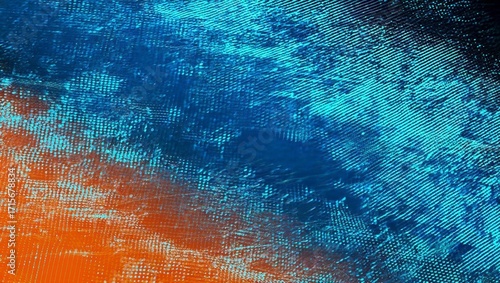 Abstract digital art with blue and orange hues, creating a textured, pixelated effect, reminiscent of a glitch or distorted reality