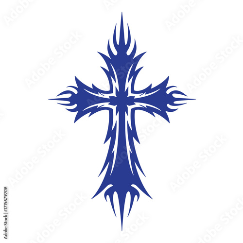 Intricate blue cross design isolated on white background suitable for religious imagery