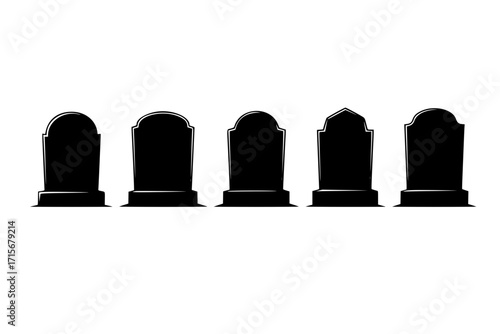 Set of Gravestone Silhouettes Isolated on White Background – Vector Illustration for Memorial, Cemetery, Funeral, and Halloween Themes