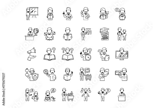 Education and Teaching Icons, Teacher Actions and Concepts, Classroom Professionals Vector Sets