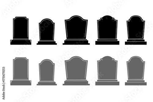 Set of Gravestone Silhouettes Isolated on White Background – Vector Illustration for Memorial, Cemetery, Funeral, and Halloween Themes