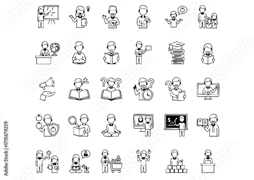 Education and Teaching Icons, Teacher Actions and Concepts, Classroom Professionals Vector Sets