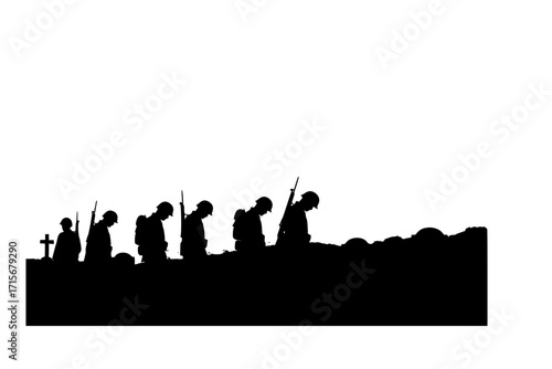 Sad Soldiers Troop Silhouette Vector – Military Mourning Concept, Army Tribute, War Memorial Illustration