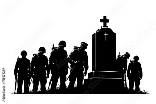 Sad Soldiers Troop Silhouette Vector – Military Mourning Concept, Army Tribute, War Memorial Illustration
