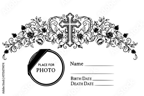 Funeral Card Vector Template with Vintage Condolence Flower Ornament, Cross, Photo Frame, Black Ribbon, Name, Birth and Death Dates – Obituary Memorial Design