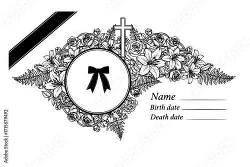 Funeral Card Vector Template with Vintage Condolence Flower Ornament, Cross, Photo Frame, Black Ribbon, Name, Birth and Death Dates – Obituary Memorial Design