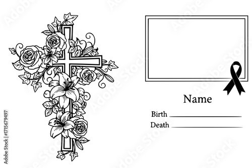 Funeral Card Vector Template with Vintage Condolence Flower Ornament, Cross, Photo Frame, Black Ribbon, Name, Birth and Death Dates – Obituary Memorial Design